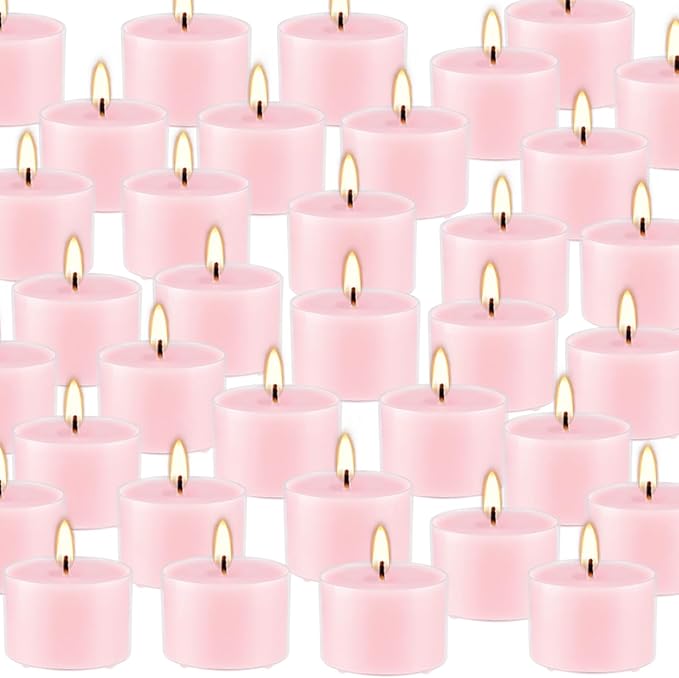 Rose Scented Candle Tealight Candles in Clear Cup, 8 Hours Consistent Smkless Clean Burning, Great for Valentine's Day Holiday, Wedding, Spa, Emergency and Home Decoration（Pink，50 Pack）