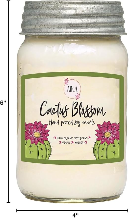 Aira Soy Candles - Organic, Kosher, Vegan, in Mason Jar w/Therapeutic Grade Essential Oil Blends - Hand-Poured 100% Soy Candle Wax - Paraffin Free, Burns 110+ Hours - Cactus Blossom -16 Ounces
