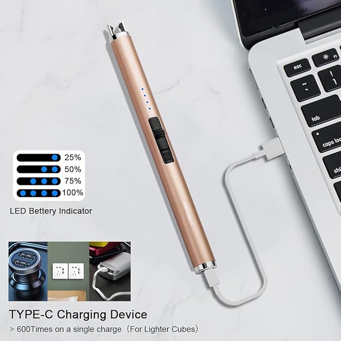 ARECTECH Rechargeable Electric Candle Lighter, Christmas Stocking Stuffers Gifts for Mom Men Wife, Arc Plasma Windproof Lighter for Candle Kitchen Birthday with Type-C Cable, Gold