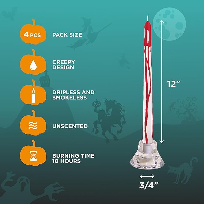CANDWAX 12 inch Taper Candles Set of 4 - Unscented Tapers Burning for 10 Hours - No Drip Candlesticks Ideal for Halloween or Other Themed Party - Blood White
