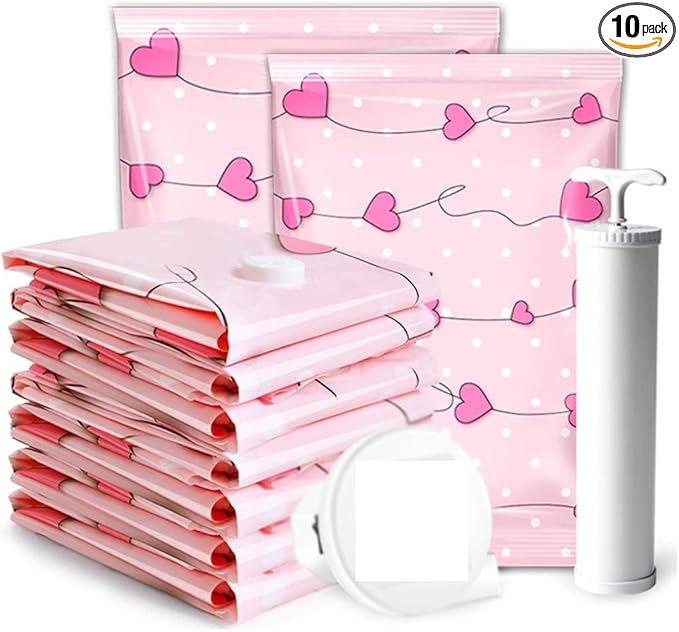 10Pcs Home Vacuum Bfor Clothes Storage Bwith Valve Transparent Border Foldable Compressed Organizer Saving Seal Packet, 100*80Cm, Pink Manual Air Pump, Xwgyl-0129/Pink Manual Air Pump/100*80