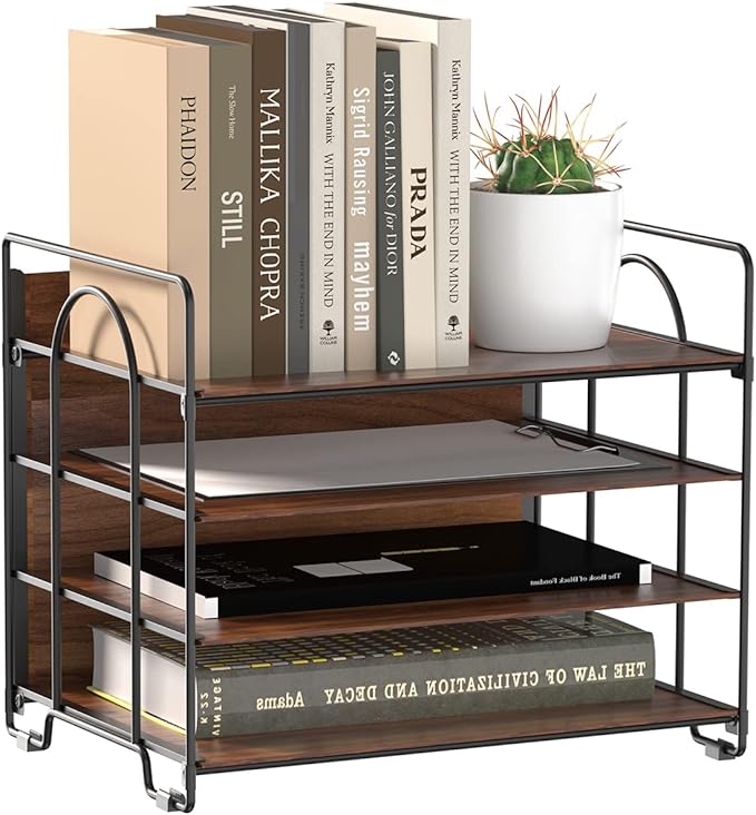 LUCYCAZ 4 Tier Paper Organizer for Desk - Wood Desk Organizer, Metal Paper Tray Organizer, File Organizer for Office Home School, Black