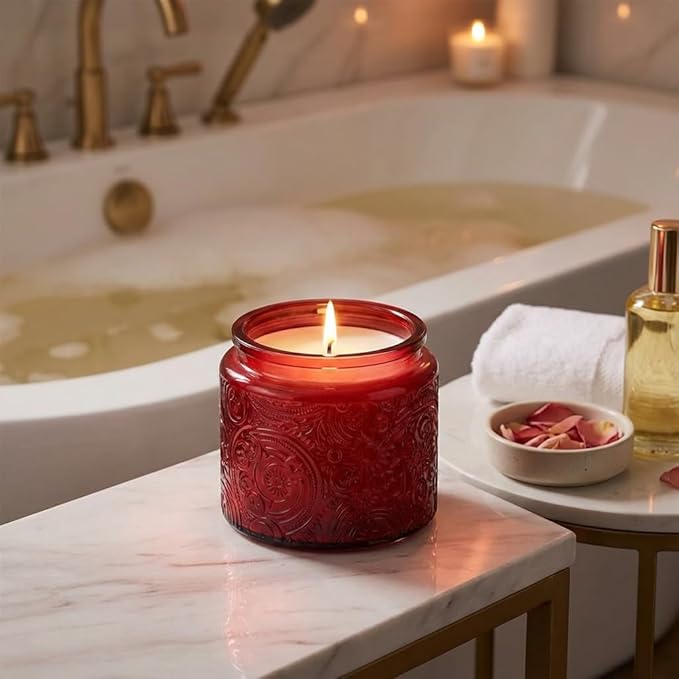 Art Secret 9 Pack 10oz Sun Moon Star Embossed Glass Candle Jars with Mirror Lid, Patented Design for Candle Making (Red)