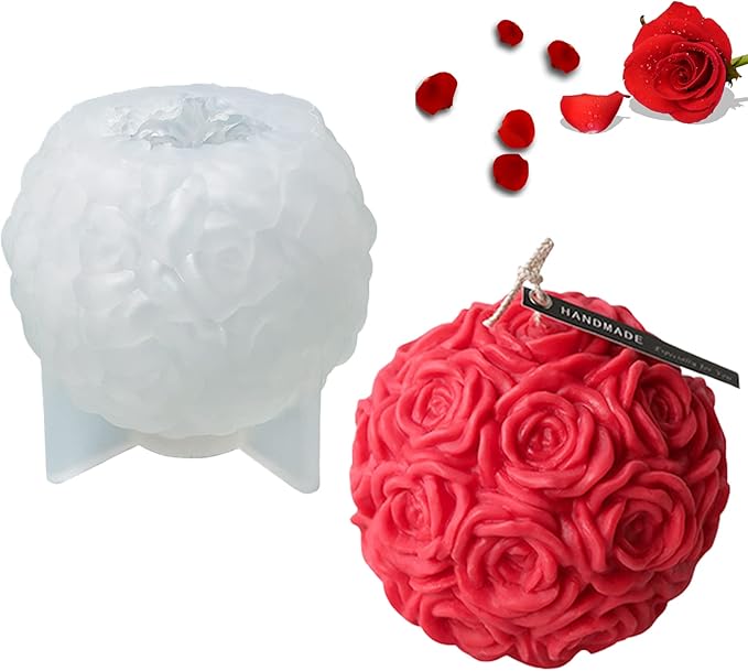 Large Rose Ball Candle Molds 3D Rose Flowers Silicone Mould Valentine's Day Resin Casting Mold for DIY Candle Making Homemade Soap Polymer Clay Craft Plaster