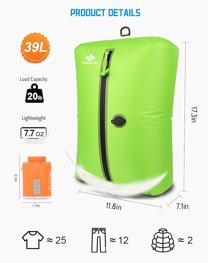 Zurligi Travel Vacuum Compression Bags with Removable Handle & Mini Pump – 39L Reusable IPX8 Waterproof Vacuum Packing Cubes, Vacuum Seal Bags for Clothes, Suitcase & Backpack(2-Pack Green)