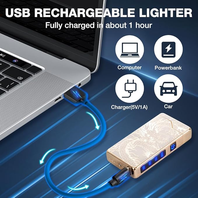 LcFun Electric Lighter USB Rechargeable, Dual Arc Plasma Lighter, Windproof Flameless Lighters, Electronic Lighters with LED Battery Indication Gifts for Men Boyfriend Husband (Dragon Gold)