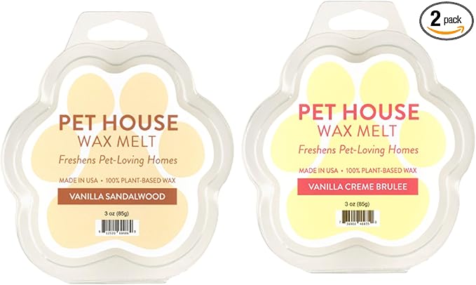Pet House Vanilla Sandalwood, Vanilla Creme Brulee Scented Wax Melts - Long-Lasting Plant Based Soy Wax Melts Pet Friendly Pack of 2