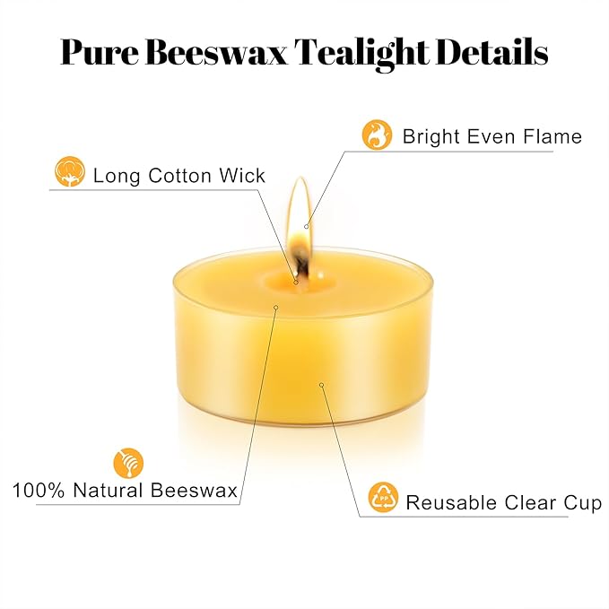48 Packs Beeswax Tealight Candles, 100% Pure Beeswax Candles | 4-Hour Extended Burn Time | Natural Beeswax Tea Candle in Clear Cup, Perfect for Home Decor,Air Purification,Fragrance