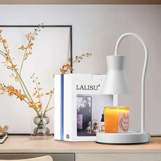 LALISU Candle Warmer Lamp with Timer and Dimmer, Vintage Electric Candle Melter with 2 Bulbs, Melter Scented Candle Height Adjustable Compatible with Jar Candles, House Warming Gifts (White)
