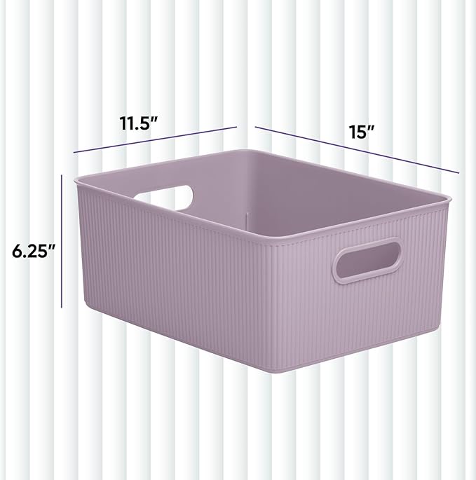 Superio Ribbed Collection - Decorative Plastic Basket Open Home Storage Bins Organizer, Large Lilac Purple (6 Pack) Container Boxes for Organizing Closet Storage Bins for Shelves 15 Liter/16 Quart