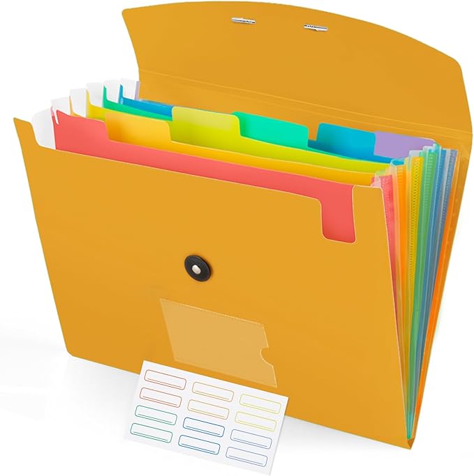 Accordion File Organizer, 7 Pockets Expanding File Folder with Labels, A4/Letter Size Portable Folders for Documents, Paper Organizer for School Office Supplies, Orange