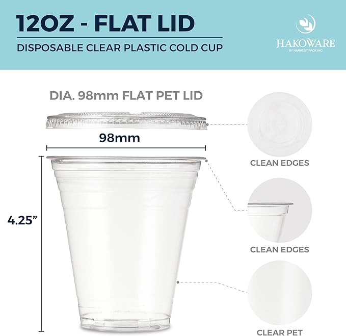 [1000 SET]HAKOWARE by Harvest Pack 12 oz Ultra Clear Plastic Cold Cups with Flat Lids, Disposable Wedding Party Drinking Cups Tumblers, Iced Coffee Beer Juice Cold Beverage