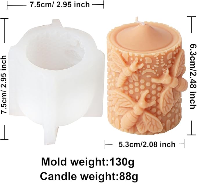 Bee Lace Trim Cylinder Candle Mold, Honeybee Beehive Pillar Silicone Mold for Beeswax Candle, Soy Wax Candle, Plaster Ornament, DIY Crafts (H)