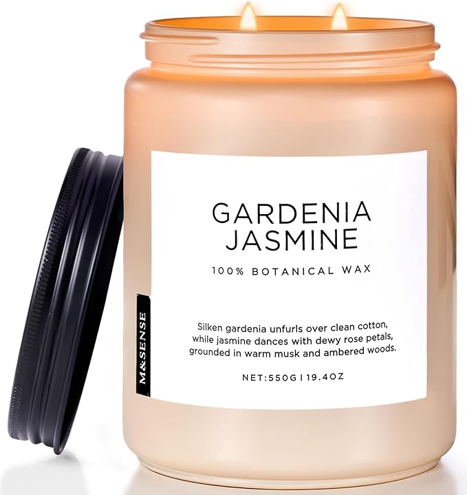 M&SENSE Gardenia Jasmine Scented Candle, 110 Hours Slow Burning Clean Non Toxic 19.4oz 2 Wicks Aromatherapy Candle for Housewarming Gifts, Long Lasting Fragrance for Bath & Office