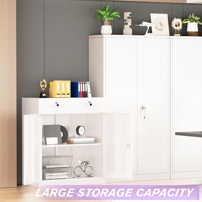 Superday Lockable Storage Cabinet with 2 Drawers, 36" Metal Storage Cabinets with Locking Doors and Adjustable Shelves, White Metal Locking Cabinet for Home Office Garage School