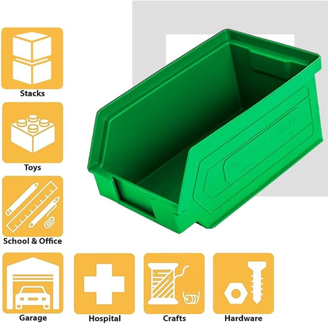50-Pack Small Storage Bin | Wall Mount Storage, Hanging and Stacking Bin, Freestanding | 7” x 4” x 3” Plastic Container | Green | Zeus 1PLZ02