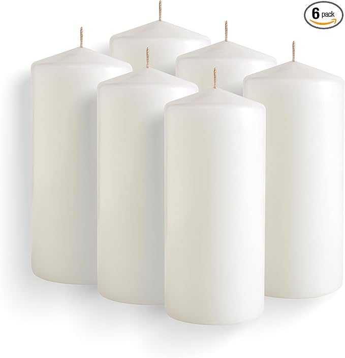 Simply Soson 3x6 inch White Pillar Candles - Set of 6 Emergency Tall Candles, Unscented, Cone Tip