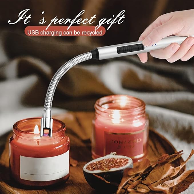 Candle Lighters USB Rechargeable Arc Electric Lighter with 360° Flexible Neck for Candle BBQ Camping (Silver)