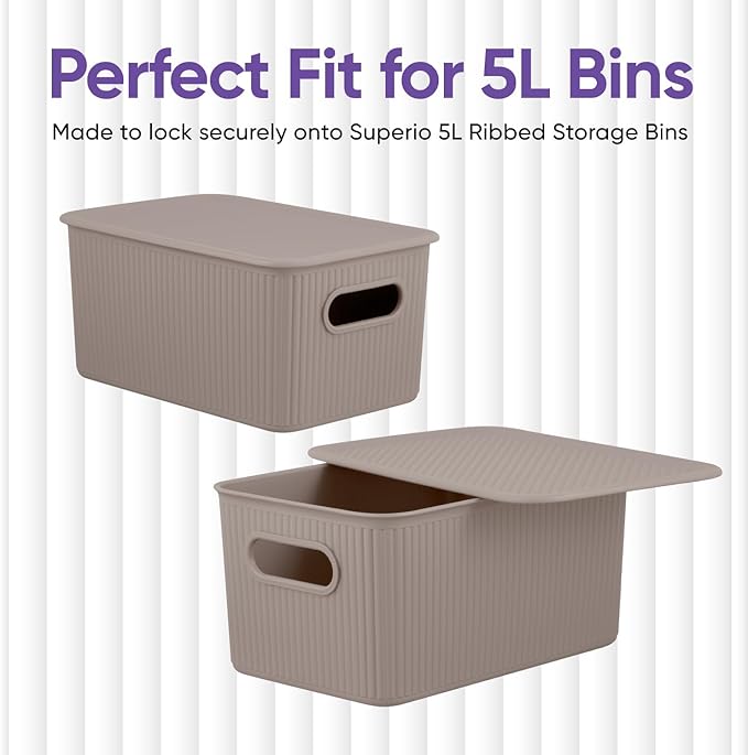 Superio Ribbed Collection Lid for Decorative Plastic Basket Open Home Storage Bins Organizer Baskets, Medium Taupe - for Organizing Closet Storage Bins for Shelves Drawer Shelf 5 Liter