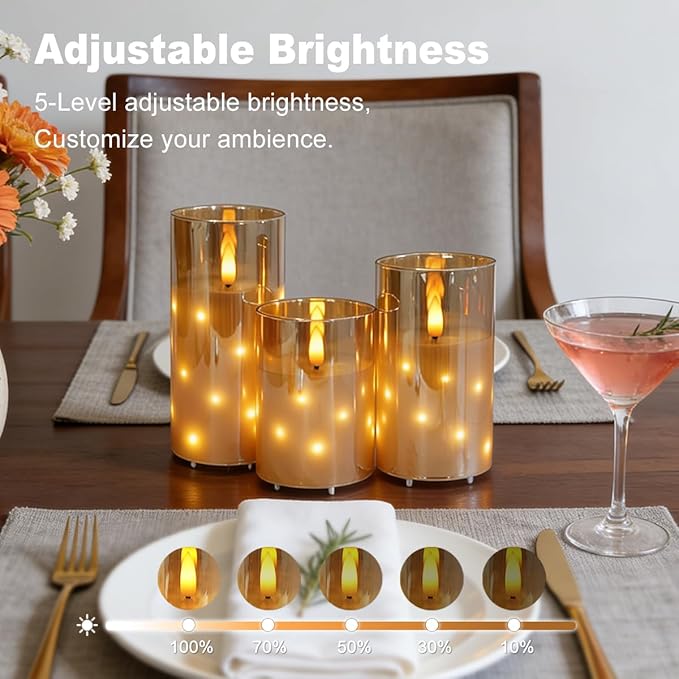 Rechargeable Glass LED Flameless Candles, Embedded Star String Flickering Flameless Candles for Romantic Ambiance and Home Decoration with Remote & Timer(Gold)