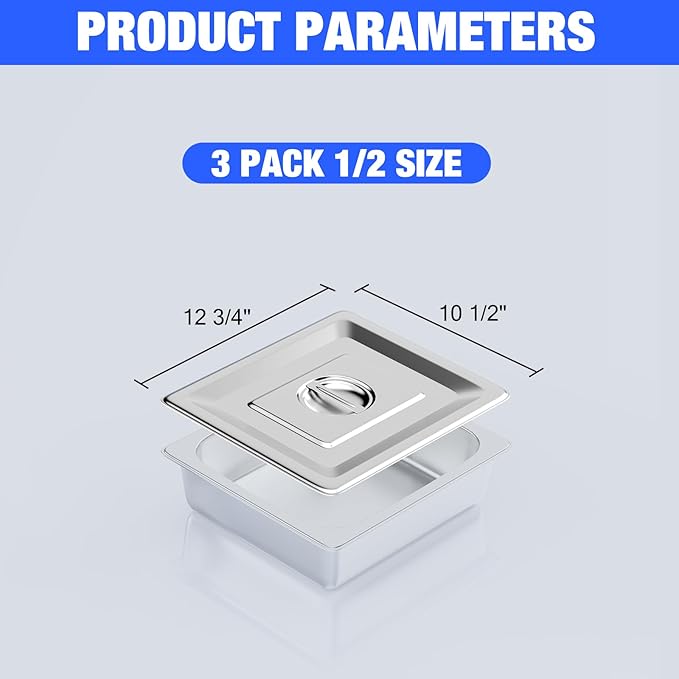 3 Pack 1/2 Half Size Steam Table Pan Covers Hotel Pans Lids with Handles Catering Food Pan Cover Stainless Steel Commercial Food Pan Lids for Steam Food Pans, Buffet Pan, Roasting Pan