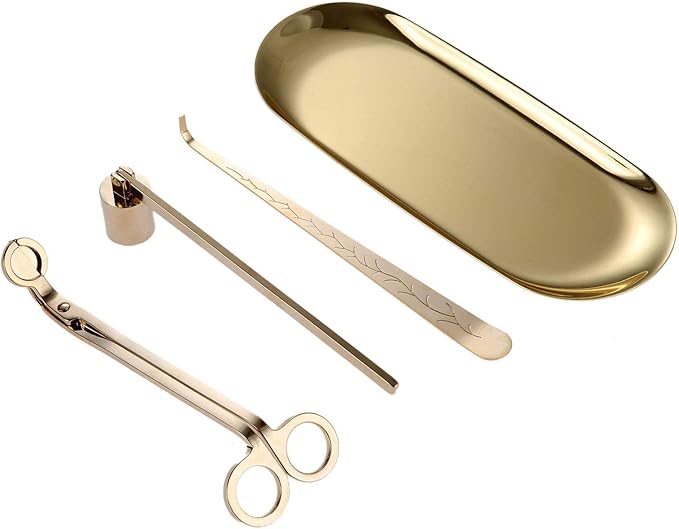 MUXSAM 4 in 1 Candle Accessory Set - Wick Trimmer, Dipper, Snuffer, Storage Tray Plate, Candle Care Tools Gift for Lovers of Home Decoration (Gold)