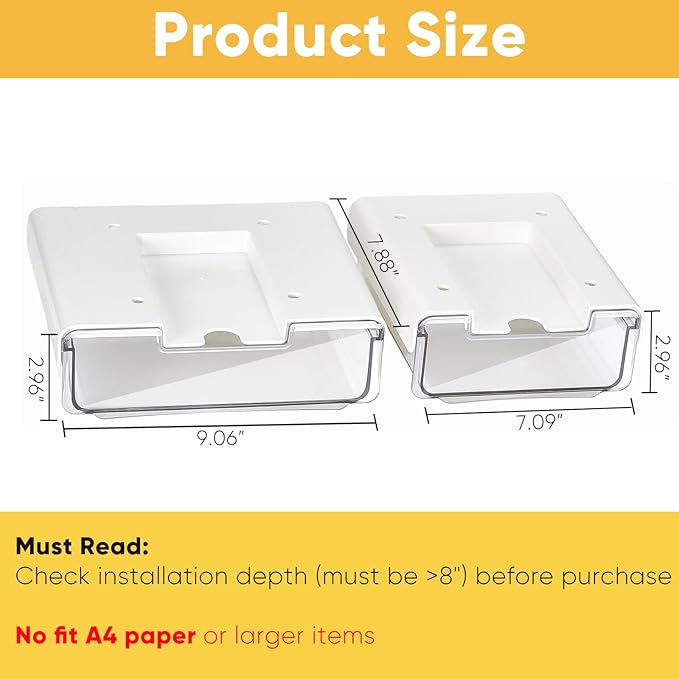 2 Pack Under Desk Hanging Drawer Slide Pull Out, Attachable Clear Acrylic Storage Tray, Easy Hidden Self Adhesive Mount Cabinet Shelf Holder for Tables, Home & Office, Counters, Workstation
