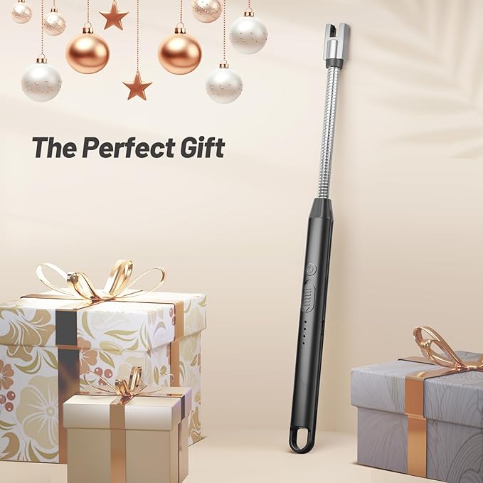VEHHE Electric Lighter with 360° Flexible Neck, Flameless Windproof Long Candle Lighter with Led Battery Display, USB C Rechargeable with Hanging Hook for Gifts BBQ Fireworks (Black)