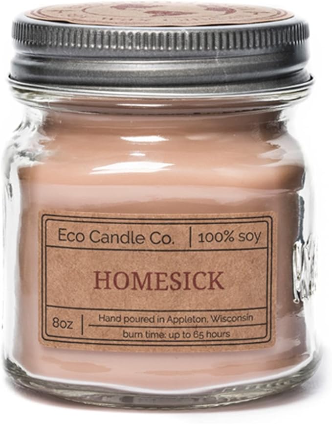 ECO CANDLE CO. Mason Jar Candle, Homesick, 8 oz. - Scents of Apples, Sugar, Butter, & Spices - 100% Soy Wax, No Lead, Kraft Label & Antiqued Pewter Lid, Hand Poured, Made from Midwest Grown Soybeans