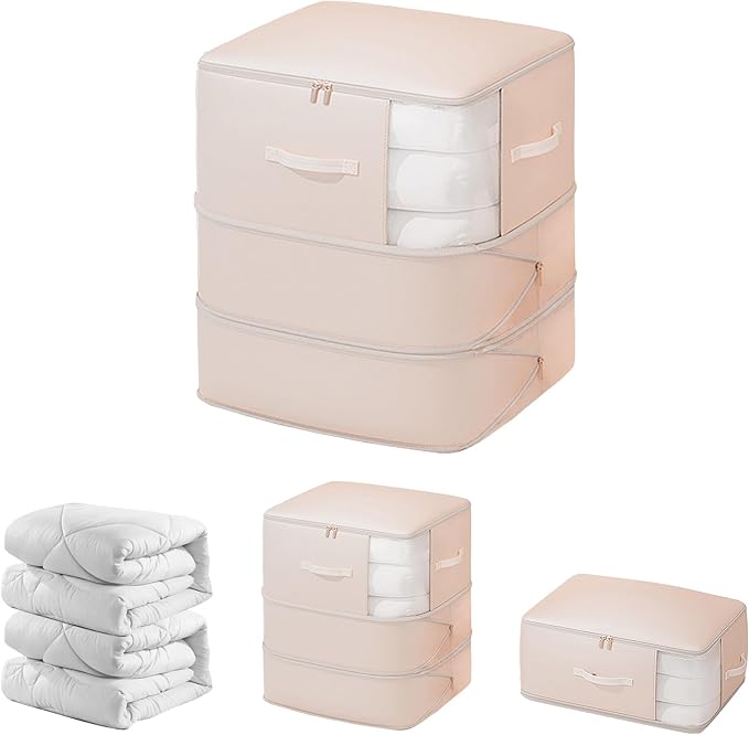 Veki Comforter Storage Bag, Space Saving Self Compression Foldable Blanket Storage Bags, Closet Organizer With Handle and VisualiZation Window, Large Capacity 130L for Bedding, Clothes (Pink, XL)