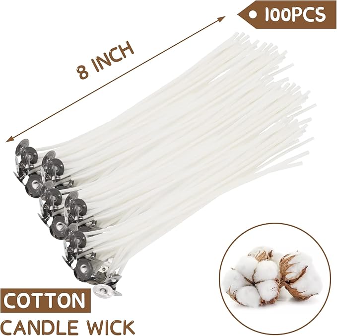 JEAWIWI Candle Wicks for Candle Making, Candle Wick 8 in 100 Pcs with 100 Pcs Wick Stickers and 10 Pcs Candle Wick Holders, Cotton Wick for Soy Wax, Beeswax, Coconut Wax