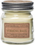 ECO CANDLE CO. Mason Jar Candle, Verbena Basil, 8 oz. - Scents of Lemons, Verbena, Basil, & Cedar - 100% Soy Wax, No Lead, Kraft Label & Antiqued Pewter Lid, Hand Poured, Midwest Grown Soybeans