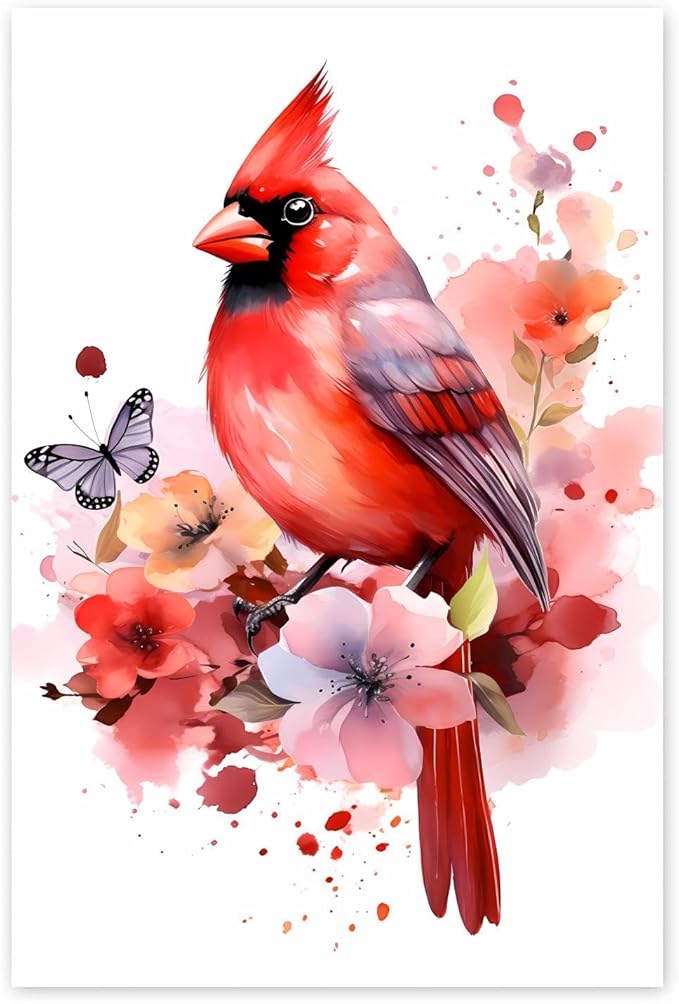 GUAIEUW Red Bird Tie-Dye Flower Diamond Painting Kit for Adults, Full Round Diamond Cardinal Bird 5D Diamond Painting DIY Art Crafts for Winter Home Wall Decor Holiday Gift 16x24 Inch