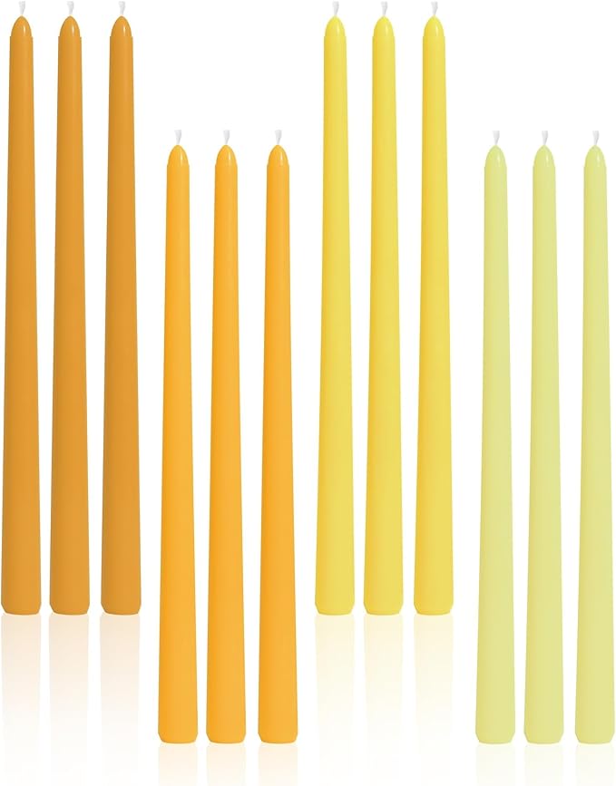 Viyffo Taper Candles, 12 Inch, 12 Pack, Yellow – Unscented, Smokeless Design, Up to 8-Hour Burn – Tall Candlesticks for Table Decor, Weddings & Dinners