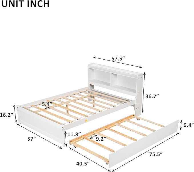 Harper & Bright Designs Full Size Captain Bed with Trundle and Bookcase Headboard, Wooden Full Platform Bed Frame with Storage Bookself, Trundle Bed Under for Kids Girls Boys, White