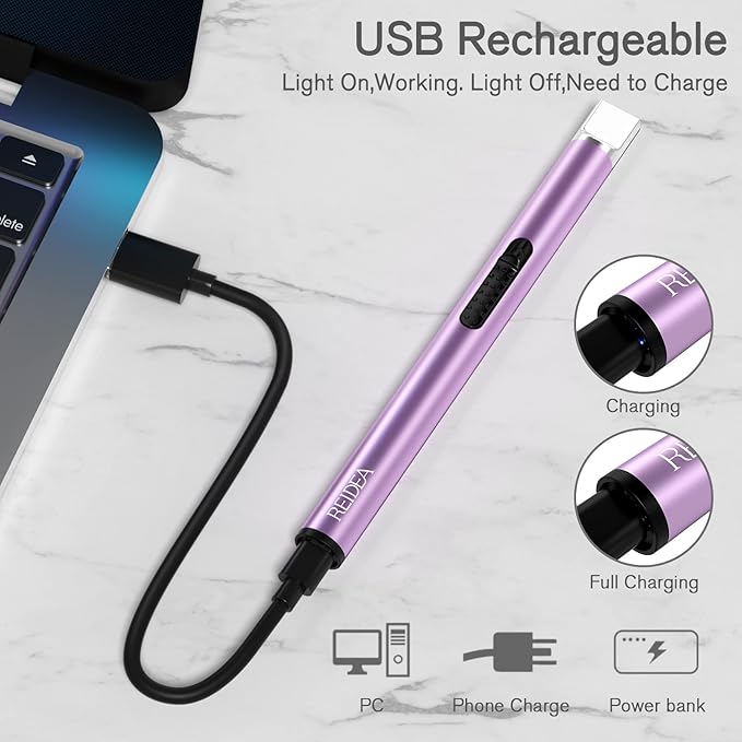 REIDEA Lighter S4 Electronic Candle Lighter USB Rechargeable with Security Lock, Windproof Fast Heat Sinking, Non-Slip Switch for Candle, Grill, Camping (Lavender Purple)