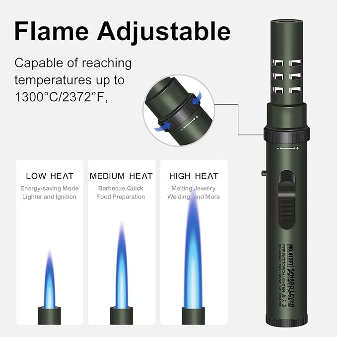 Camping Lighter, Torch Lighter, Windproof Jet Flame Butane Refillable Adjustable Flame with Safety Lock&Fule Guage for Campfires Kitchen Hiking Candles Fireplace BBQ Outdoor Camping Essentials(Green)