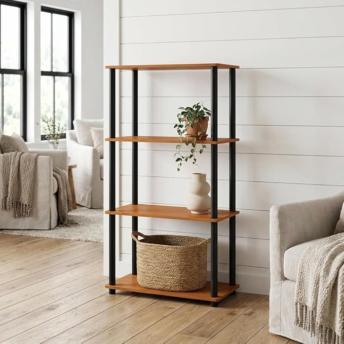 Furnifact Light Cherry Black Bookcase with Wood Construction, Spacious Storage, Stylish Design, Perfect for Home and Office Use