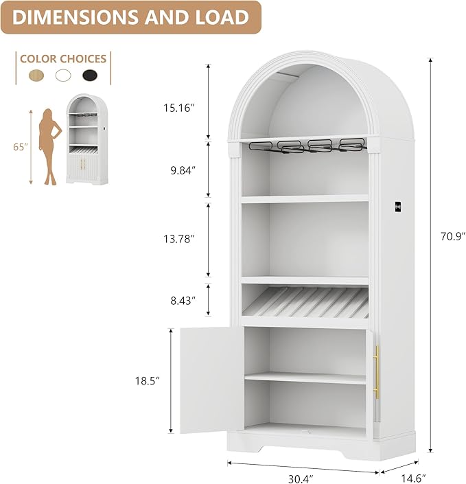 Vlsrka 71" Tall Arched Kitchen Pantry Cabinets, Wood Kitchen Storage Cabinets/Arched Bookshelf/Bookcase,China Cabinet with Open & Adjustable Shelves, Induction LED Light (White A)