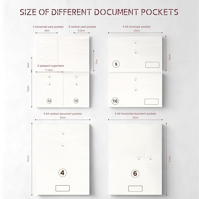 JOYCE Important Document Organizer, 14 Expandable Pockets, 13 Card Slots, for A4 Paper/Letterhead/Cards, with 2 Label Stickers, Suitable for Home, Office, School Use (Rose Red - Leather)