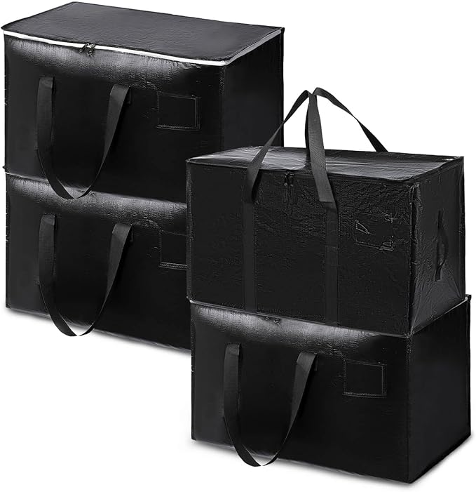 4 Pack Large Moving Bags with Zippers & Carrying Handles, Heavy Duty Storage Tote Moving Boxes ，Space Saving(Black, 4 Pack)