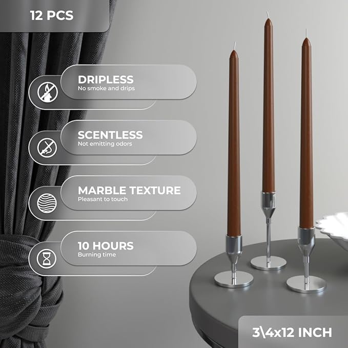 CANDWAX 12 inch Candle Sticks Set of 12 - Dripless and Smokeless - Brown Taper Candles