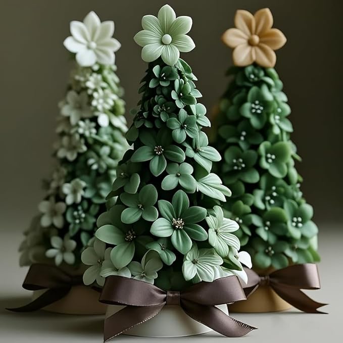 3D Christmas Tree Silicone Candle Soap Epoxy Resin Wax Mold Silicone Shapes Christmas Trees Mold for Candle Resin Soap Craft Cake Chocolate Making Kit Christmas Gift (Flower Christmas Tree)