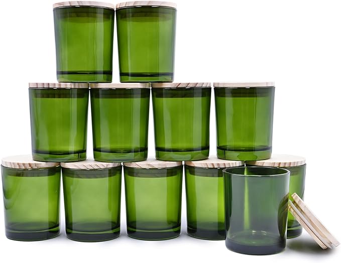 SHOWIN Thick Candle Jars for Making Candles 12 Pcs, 7 OZ Empty Jars with Wood Lids for Candle Making, Sample Container, Clear Green