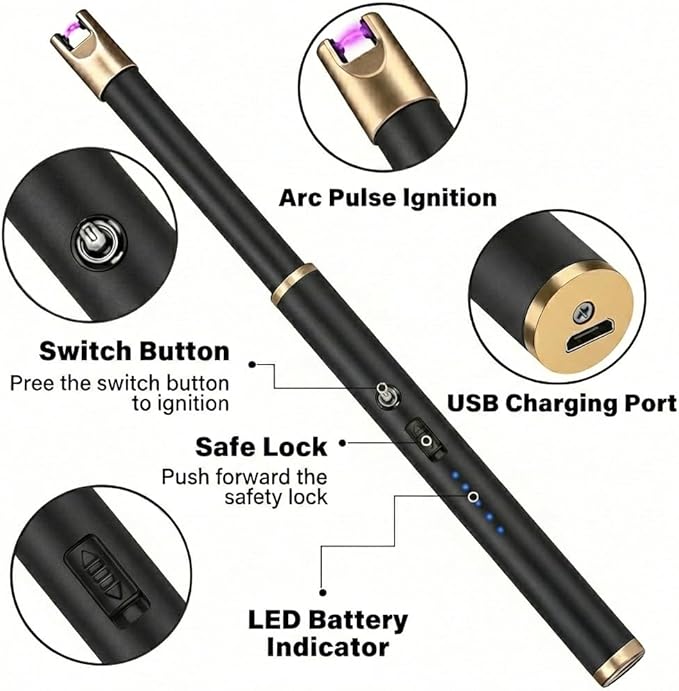 Navpeak Electric Candle Lighter Windproof USB Rechargeable Flameless Long Neck Lighter for Candles Gas Stove Fireplace BBQ Kitchen Grills (Black Champagne Gold)