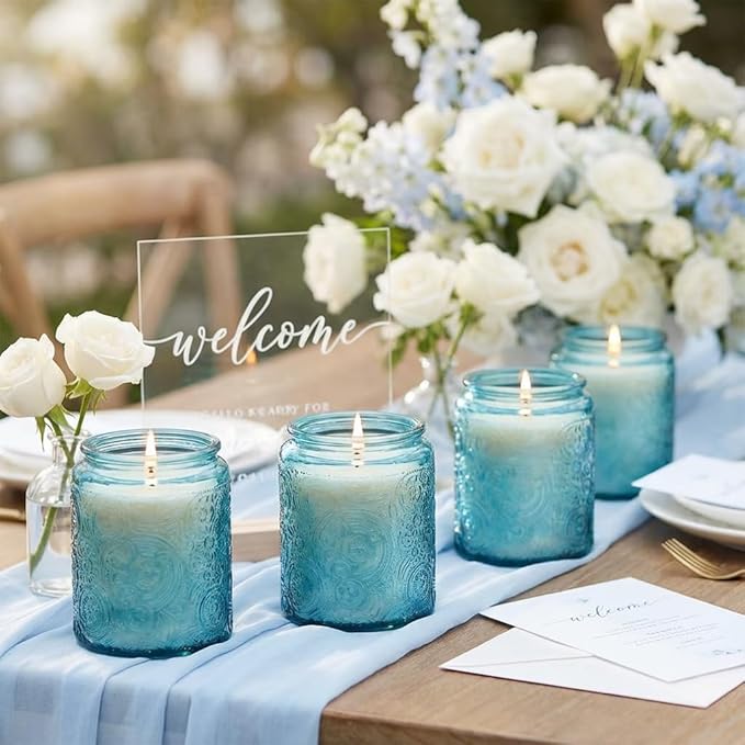 Art Secret 9-Pack 8oz Embossed Glass Candle Jars with Lids and Labels - Sun Moon Stars Design (Blue)