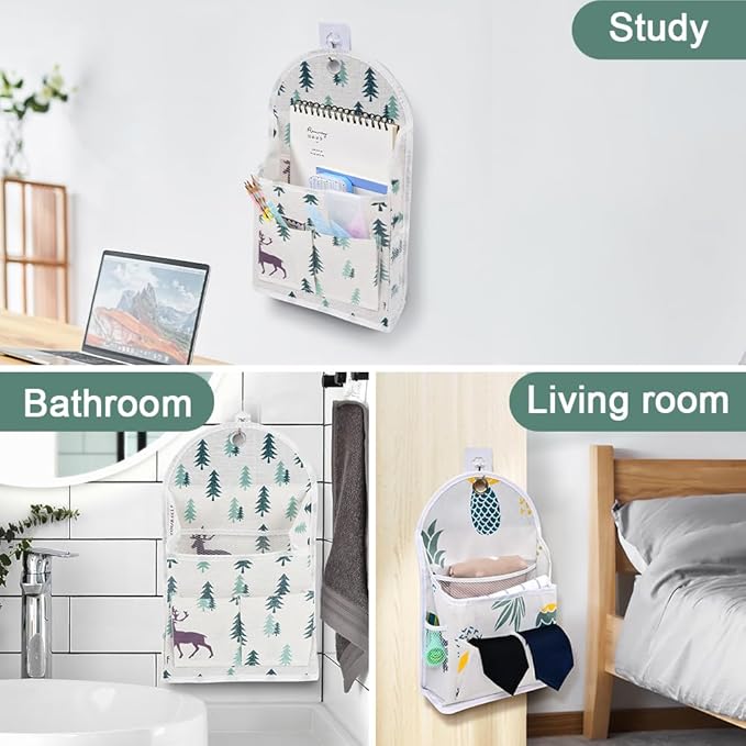 2 Pack Wall Hanging Storage Bag with Pocket, Fabric Organizer Basket with Sticky Hook, Over The Door Caddy Organizer Box for Closet Dormitory Bedroom Bathroom Kitchen (Forest + Pineapple)