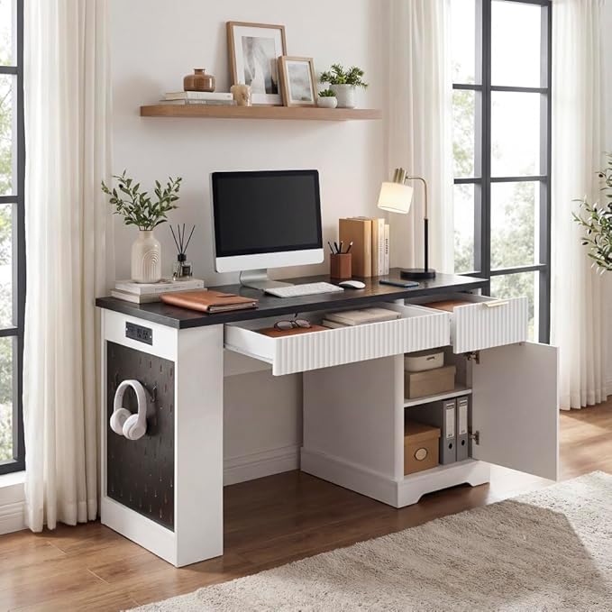 Modern Fluted Office Desk with Storage Cabinet Drawers Power Outlet Pegboard Built-in Shelves Keyboard Tray for Home Office Study Living Room (White)