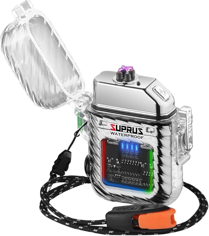 SUPRUS Luminous 3 Modes of Flashlight Windproof Waterproof Lighter Electric Rechargeable Dual Arc Plasma Lighter with Survival Emergency Whistle and Lanyard (Silver)