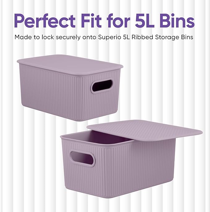 Superio Ribbed Collection Lid for Decorative Plastic Basket Open Home Storage Bins Organizer Baskets, Medium Lilac - for Organizing Closet Storage Bins for Shelves Drawer Shelf 5 Liter